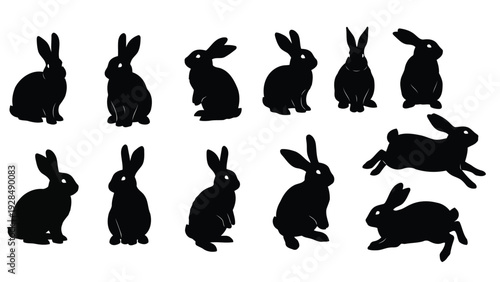 Playful collection of black silhouetted bunnies in various dynamic poses Vector