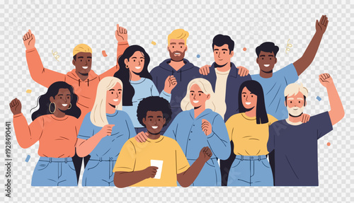 Diverse group of eleven smiling people with raised fists and arms in celebration, wearing casual colorful clothing, with confetti falling around them, isolated on transparent background