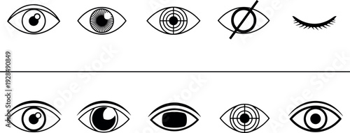 Eye icons set, vision symbols, perception illustration, awareness design, abstract eye graphics, visual concept art, line icons collection, creative eyesight imagery