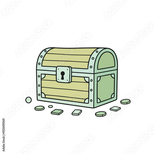 Cartoon treasure chest filled with coins and gold on white background  