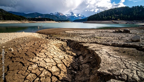 Drought-stricken landscape with cracked earth and receding water levels.