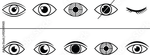 Minimal eye icons puzzle, pattern recognition challenge, abstract vision symbols, optical test design, visual matching game, modern vector illustration