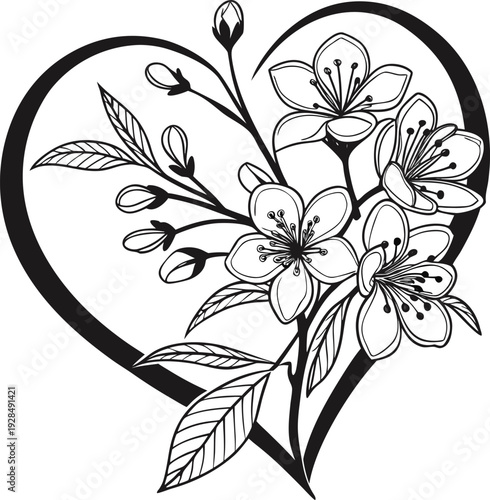 A detailed black and white illustration of a heart-shaped floral arrangement, centered in the frame. The heart, defined by a dark outline, is filled with intricate floral and leafy details, creating a