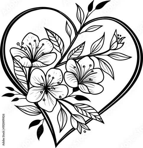 A detailed black and white illustration of a heart-shaped floral arrangement, centered in the frame. The heart, defined by a dark outline, is filled with intricate floral and leafy details, creating a