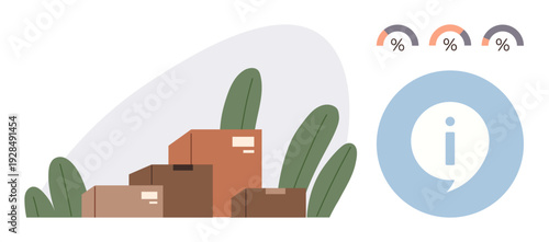 Logistics, delivery services, warehousing, inventory management, shipping, sustainability. Cardboard boxes with leaves, informational icon and progress percentages. Logistics and delivery services