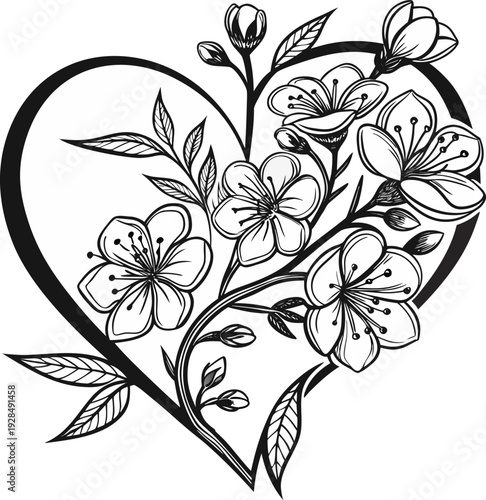 A detailed black and white illustration of a heart-shaped floral arrangement, centered in the frame. The heart, defined by a dark outline, is filled with intricate floral and leafy details, creating a