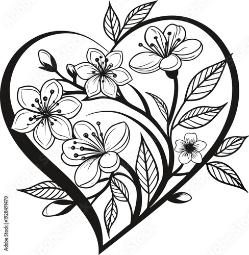 A detailed black and white illustration of a heart-shaped floral arrangement, centered in the frame. The heart, defined by a dark outline, is filled with intricate floral and leafy details, creating a