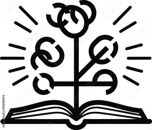 An illustration depicts a blooming flower from an open book with radiant lines emanating wqe.