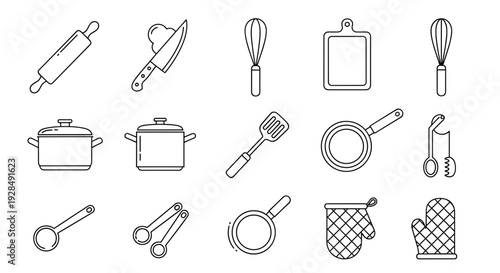 Collection of Kitchen Utensils and Equipment Icons.
