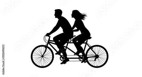 Couple Riding Tandem Bicycle Silhouette Profile.