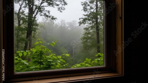 A serene forest view from a cozy window on a rainy day