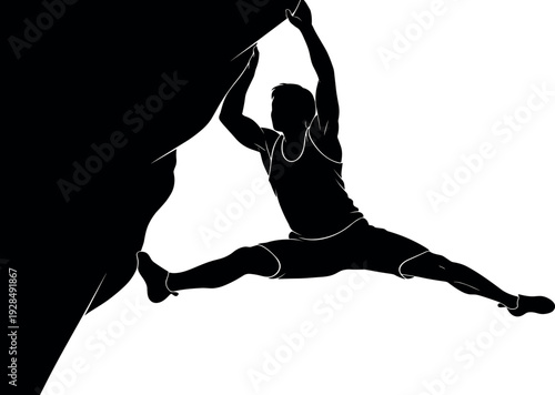 Rock climbing silhouette, bouldering athlete illustration, extreme sports design, adventure fitness art, mountain climbing icon, strength flexibility determination drawing