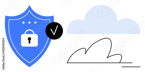 Cybersecurity, data protection, cloud storage, online privacy, information security, data verification. Shield with a lock and checkmark near a cloud icon. Cybersecurity and data protection