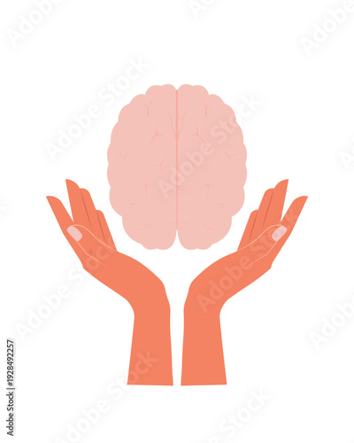 World Mental Health Day. Human hands and brain. 