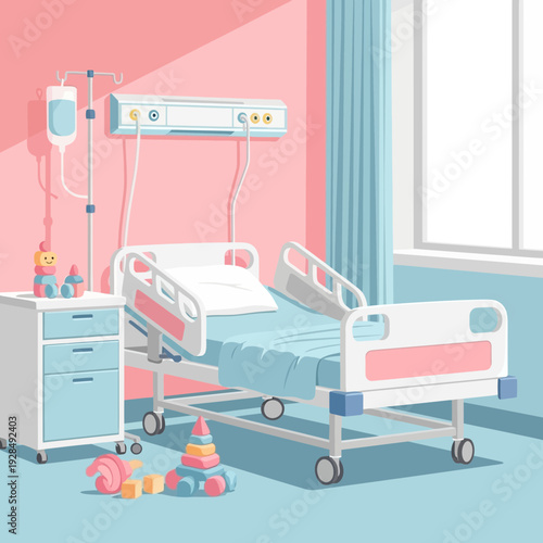A Calming Pediatric Hospital Room Illustration With Bed, Medical Equipment, and Toys