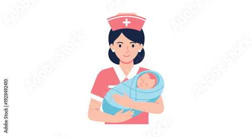 A Caring Nurse Tenderly Holds a Newborn Baby in a Colorful and Heartwarming Illustration