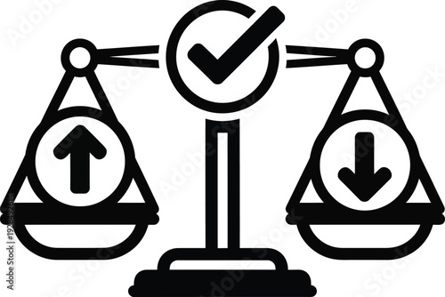 A balanced scale with checkmark weighs up and down arrows wqe (72)