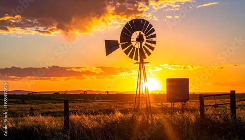 Windmill Silhouette at Sunset - A Serene Australian Outback Scene.