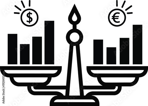 Comparing currency values on a balanced scale with graphs and dollar euro symbols