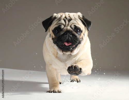 Focused Pug Dog Running Towards the Camera with Determination.