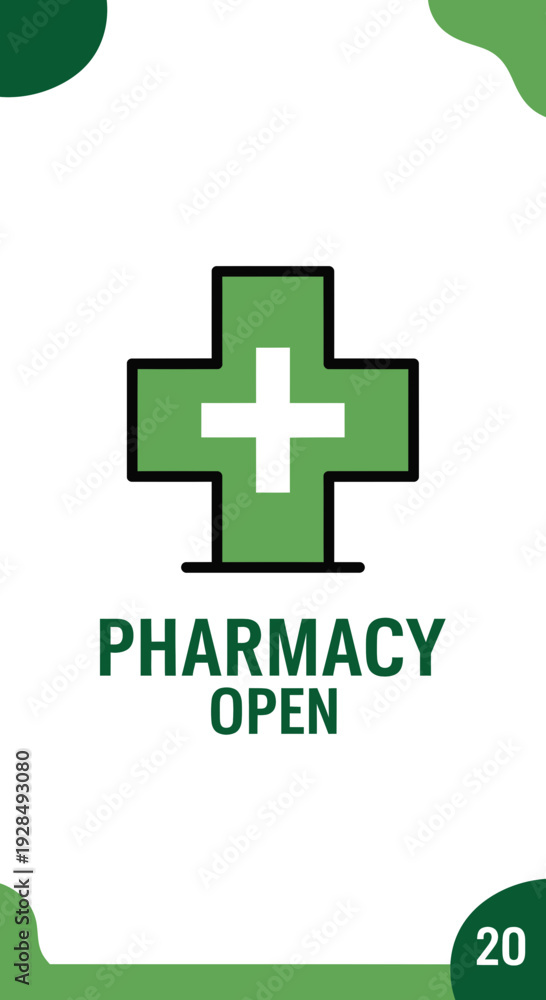 Obraz premium A Green Pharmacy Cross Symbolizing Health and Availability with a Simple Open Pharmacy Sign