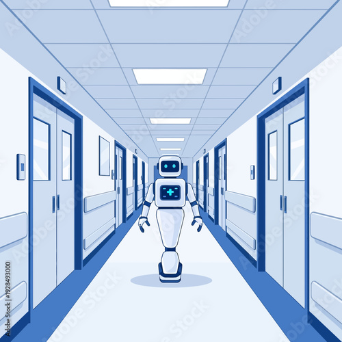 A Futuristic Robot Navigating A Hospital Corridor, Illustrating Technological Healthcare