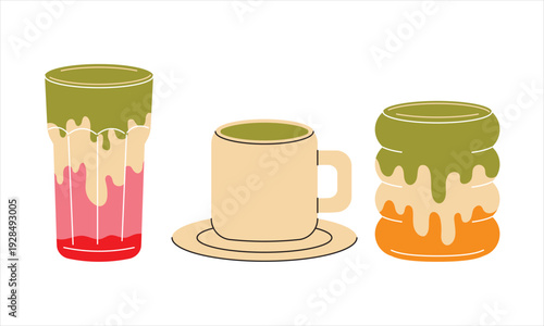 Matcha drinks vector flat illustration. Matcha tea, matcha latte.