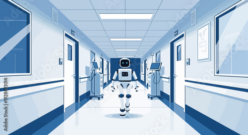 A Futuristic Robot Walks Down a Hospital Corridor in a Monochromatic, Technical Setting