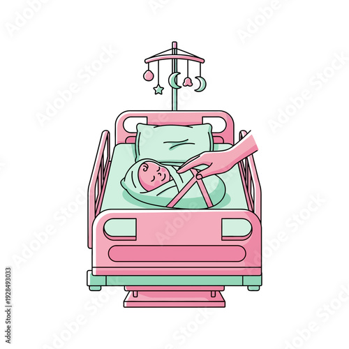 A Gentle Touch: Newborn Baby Enveloped in Bed, Mobile Adorning the Crib, with Loving Care