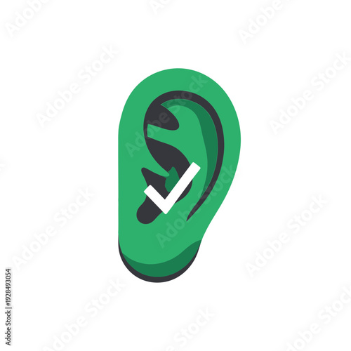 A Green Ear Illustrating Hearing Success And Validation With A White Check Mark Symbol