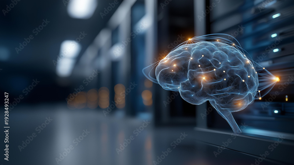 Obraz premium Retrieval augmented generation concept showing brain and server infrastructure AI knowledge system neural network and data storage machine learning architecture cognitive