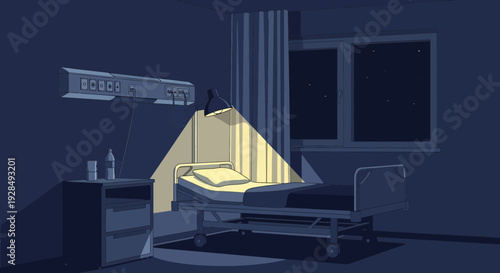 A Lonely Hospital Room Illuminated at Night with Starry Skies Outside the Window