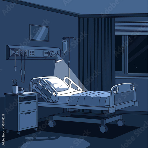 A Lonely Hospital Room, Illuminated Under a Spotlight, Awaiting a Patient in the Night
