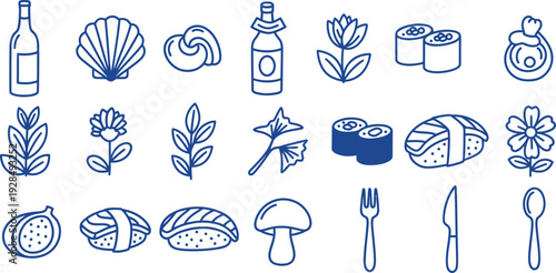 Collection of food and drink icons isolated on transparent background