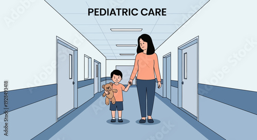 A Mother And Child Walk Through A Pediatric Clinic's Hallway For Healthcare