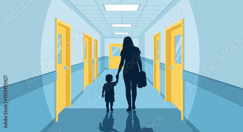 A Mother And Child Walk Towards the End of Hospital Corridor Together