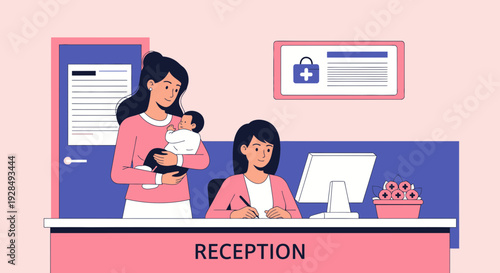 A Mother Holding Her Baby at Clinic Reception with Doctor in A Hospital Setting