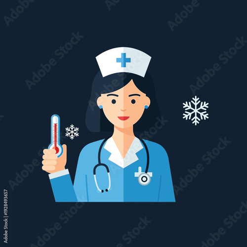 A Nurse in Uniform Assessing Thermometer Reading with Snowflake Elements Depicting Illness