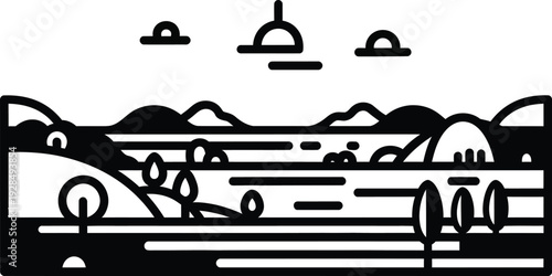 Serene landscape illustration with rolling hills and trees, wqe (84) reference