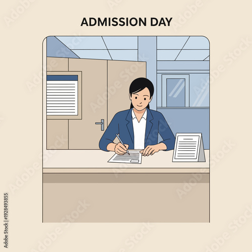 A Person Completing Admission Forms at a Service Desk in a Modern Office Environment