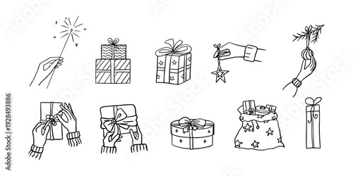 Set of gifts and hands holding presents. Sparklers. Party time. Festive clip art. Great for Christmas and New Year. Winter.  Perfect for parties, birthdays, and children's parties.