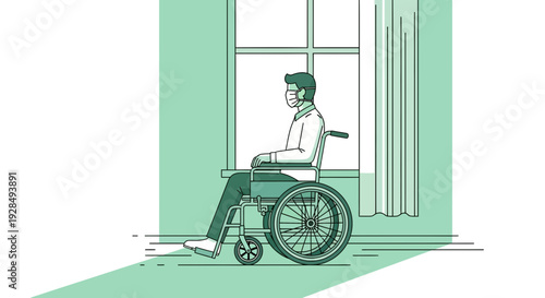 A Person In Wheelchair With Mask Looking Through Window In Isolated Illustration