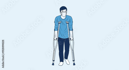A Person Using Crutches While Wearing A Protective Mask Depicted In Artwork