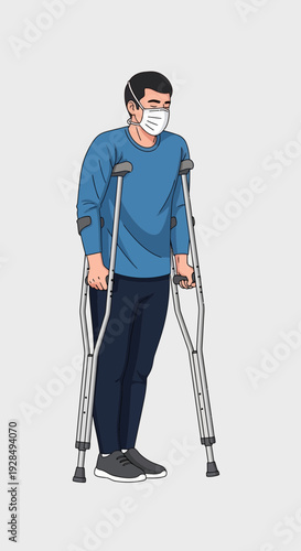 A Person With Injury Using Crutches While Wearing A Mask Standing Isolated Against A White