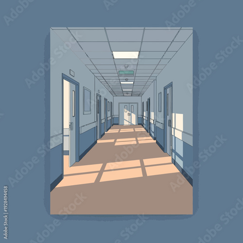 A Sterile And Long Hallway Illuminated By Light And Shadow In A Minimalist Style