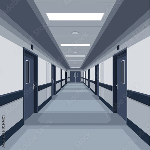 A Sterile And Long Hospital Corridor With Doors And Overhead Lighting In Vector Illustration