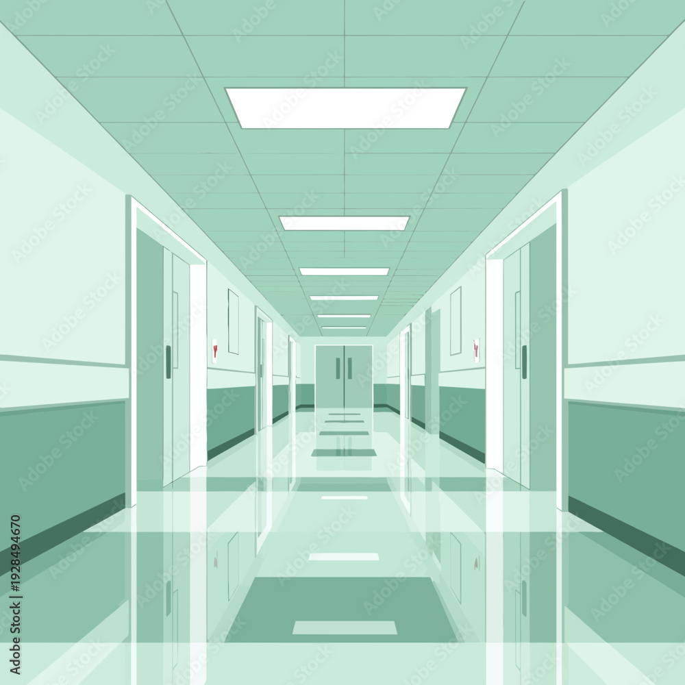 Obraz premium A Sterile, Linear Perspective of a Hospital Corridor, With Doors And Reflected Light