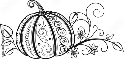A detailed black and white illustration of a large pumpkin, centered in the frame. The pumpkin is adorned with intricate, swirling patterns, floral designs, and dot embellishments. The pumpkin's top s