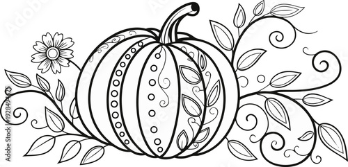 A detailed black and white illustration of a large pumpkin, centered in the frame. The pumpkin is adorned with intricate, swirling patterns, floral designs, and dot embellishments. The pumpkin's top s