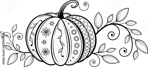A detailed black and white illustration of a large pumpkin, centered in the frame. The pumpkin is adorned with intricate, swirling patterns, floral designs, and dot embellishments. The pumpkin's top s